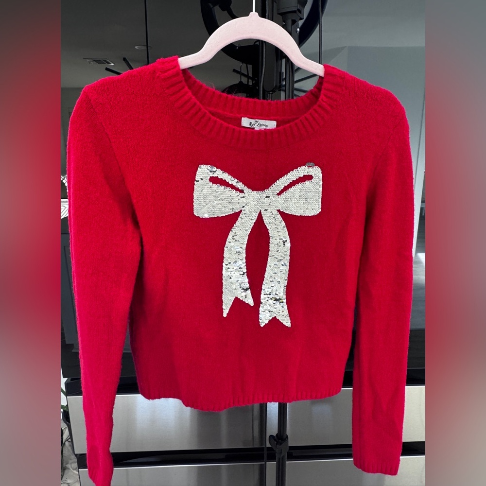 Red Knit Sweater with Silver Sequin Bow. Size S